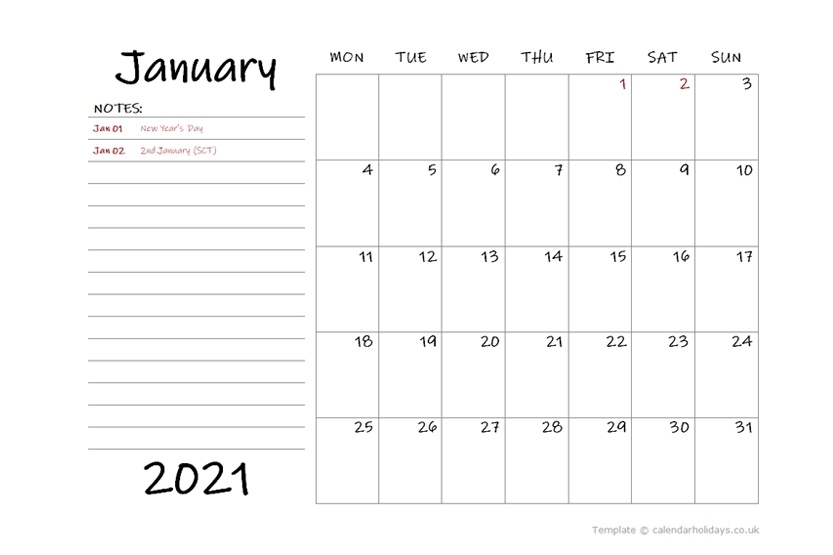 2021 Monthly Template - Calendarholidays.co.uk