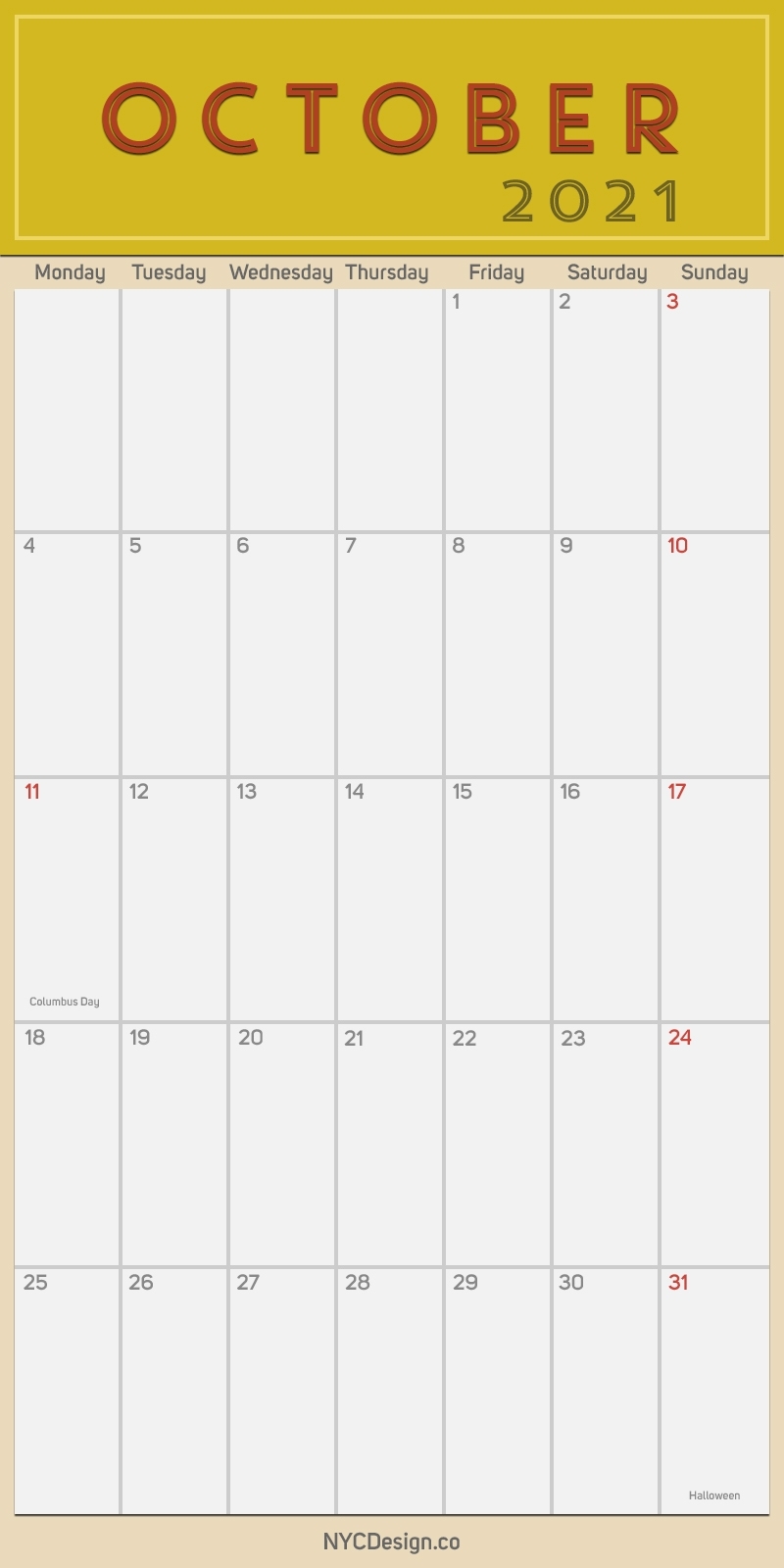 2021 October - Monthly Calendar With Holidays, Printable
