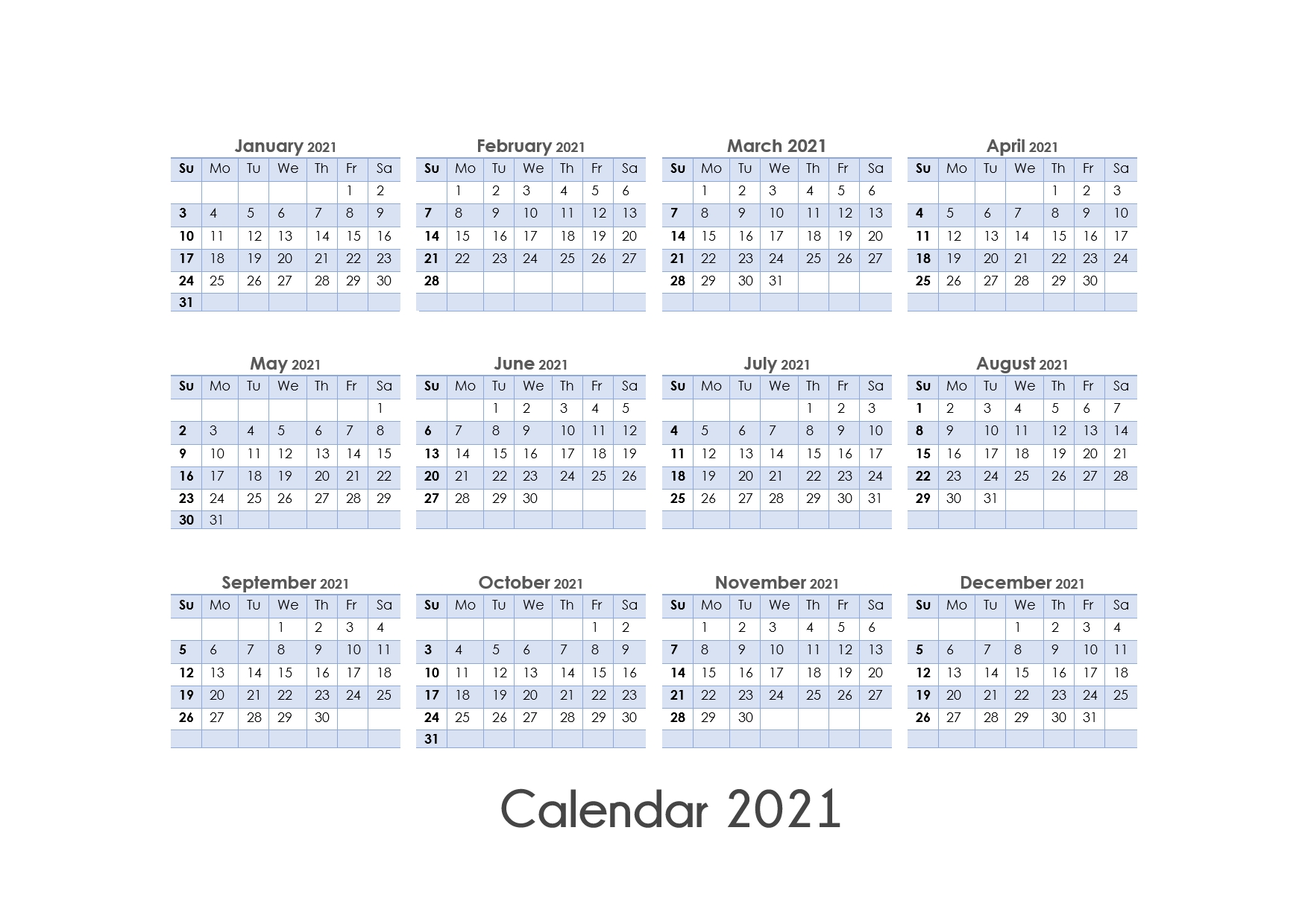 2021 Printable Calendar Yearly Templates - Pdf, Word Excel