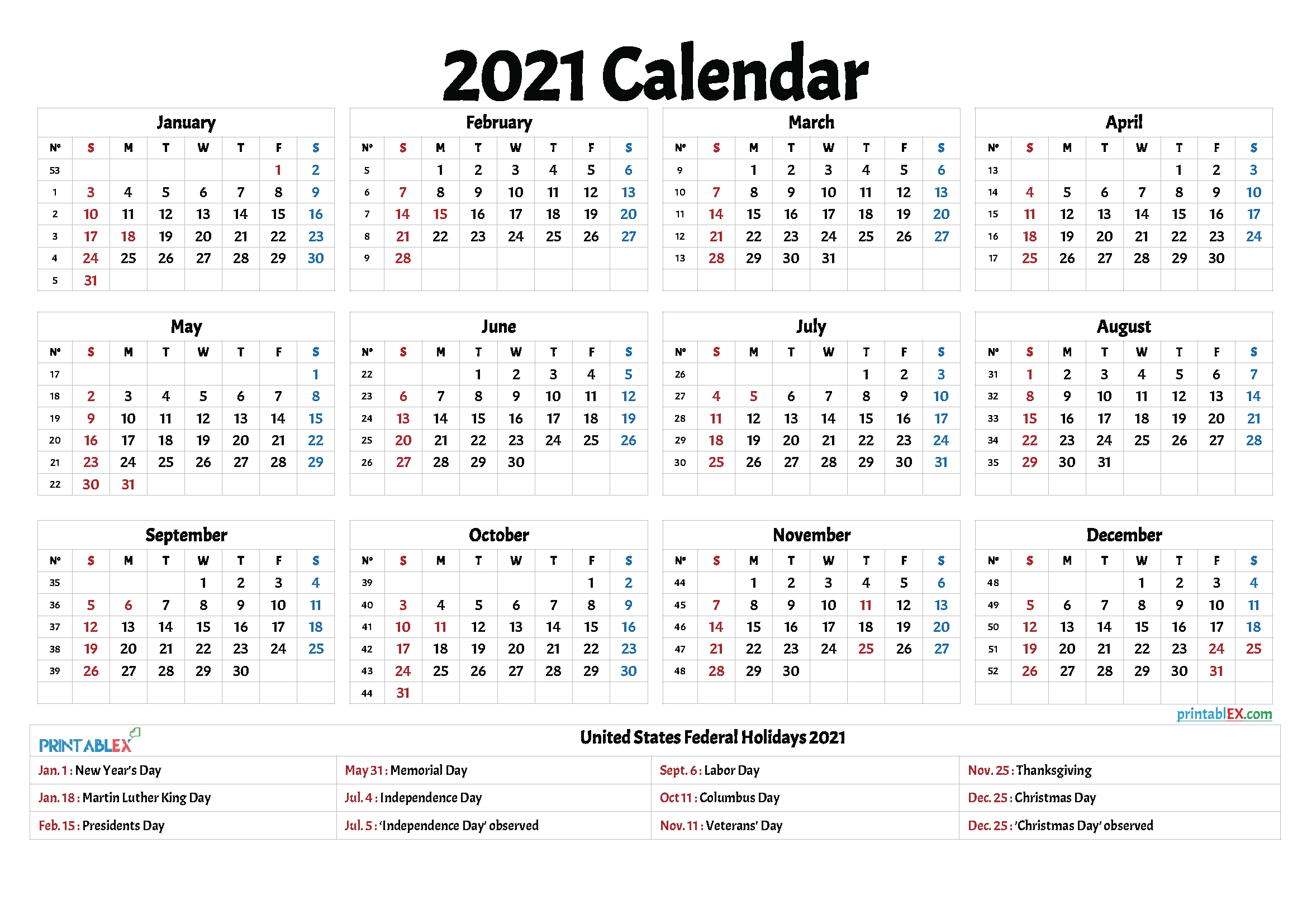 2021 Printable With Holidays