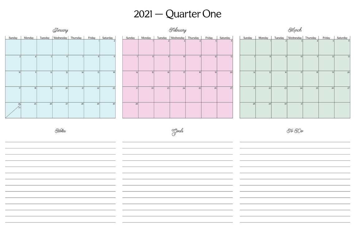 2021 Quarter One Calendar Printable Horizontal 36X24 Color