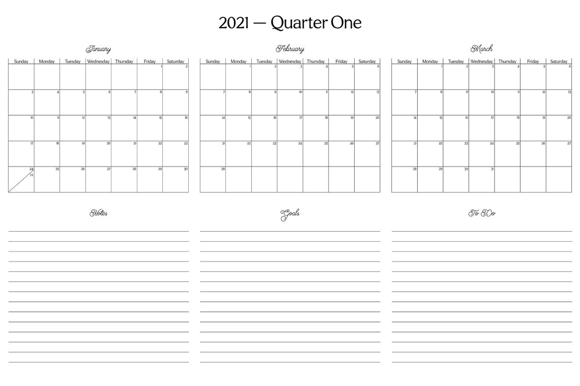 2021 Quarter One Calendar Printable Horizontal 36X24 | Etsy