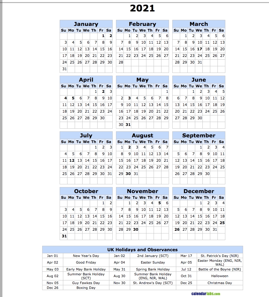 2021 Uk Holiday Calendar - United Kingdom Holidays