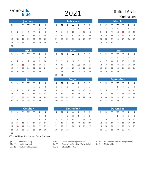 2021 United Arab Emirates Calendar With Holidays