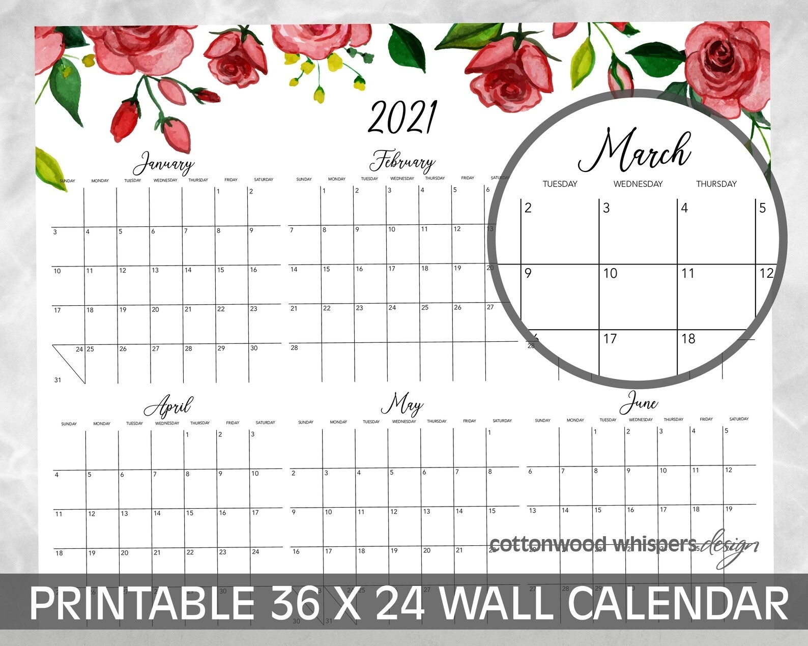 2021 Wall Calendar Printable Poster Large Format 24X36