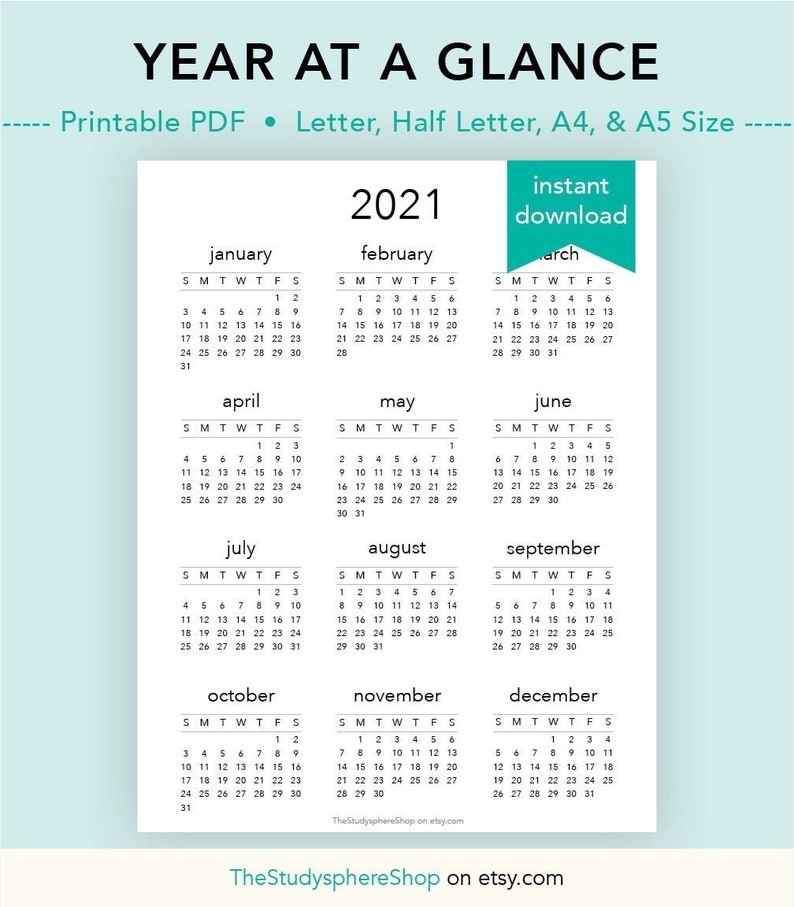 2021 Year At A Glance 2021 Calendar Yearly Overview Yearly