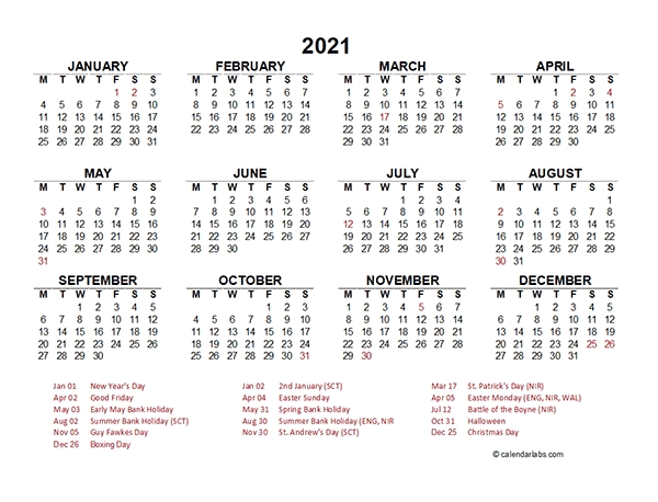 2021 Year At A Glance Calendar With Uk Holidays - Free