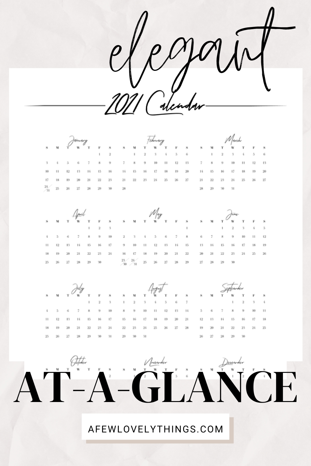 2021 Year At A Glance Calendar Year Printable Planner