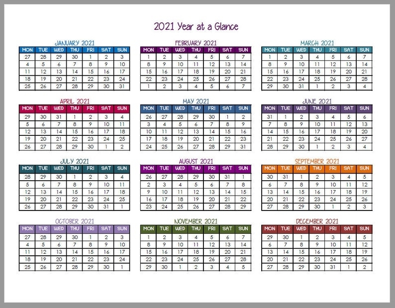 2021 Year At A Glance Calendars | Etsy