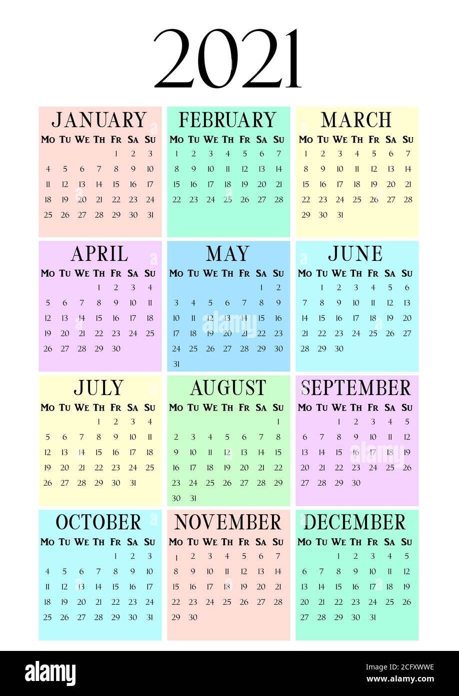 2021 Year Vertical Calendar On A4 Paper Format. Pastel