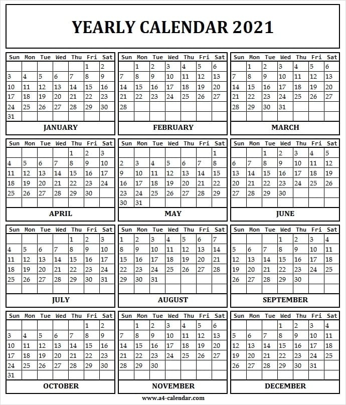 2021 Yearly Calendar Printable One Page - A4 Calendar