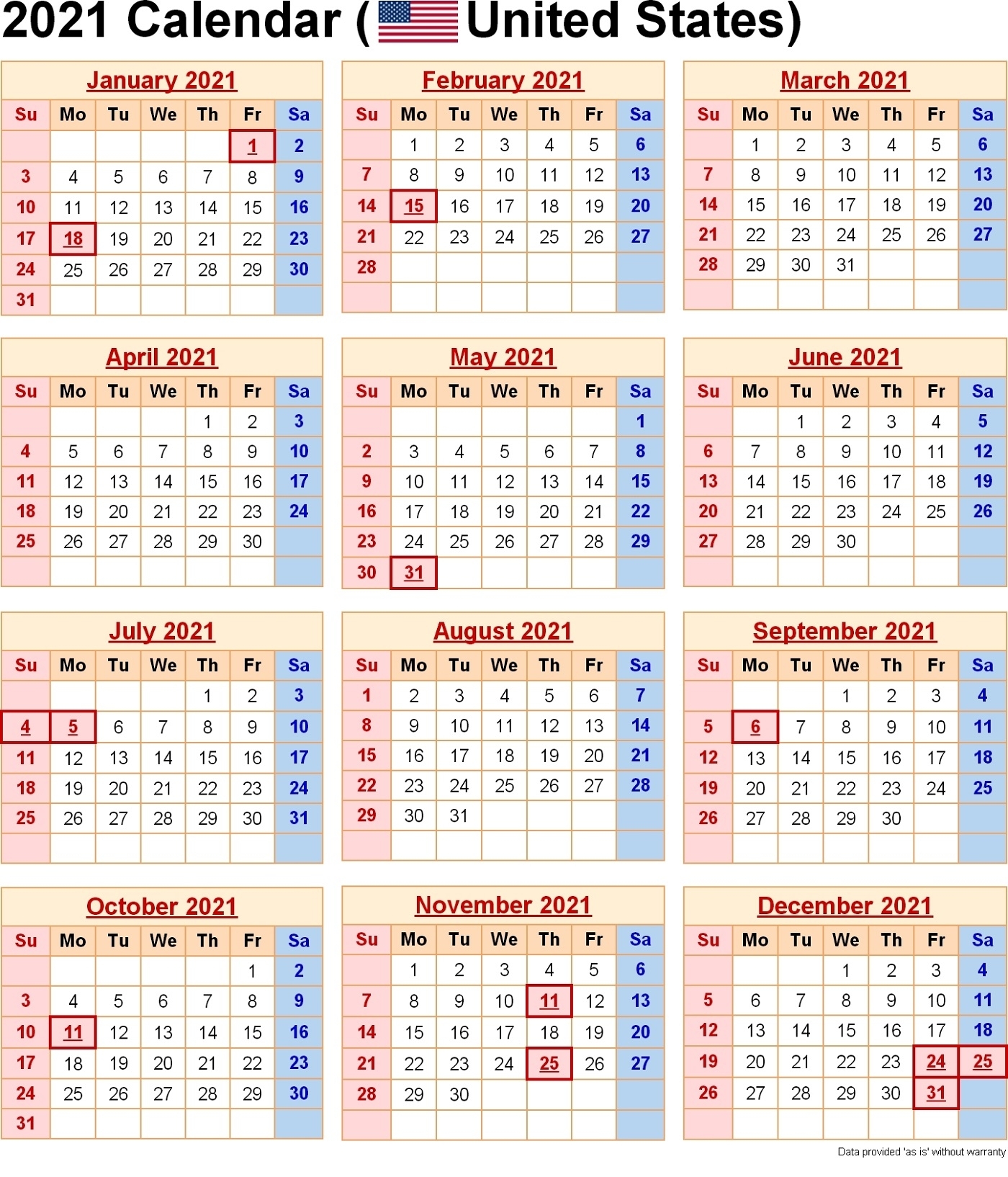 2021 Yearly Calendar With Holidays Templates | 101 Activity