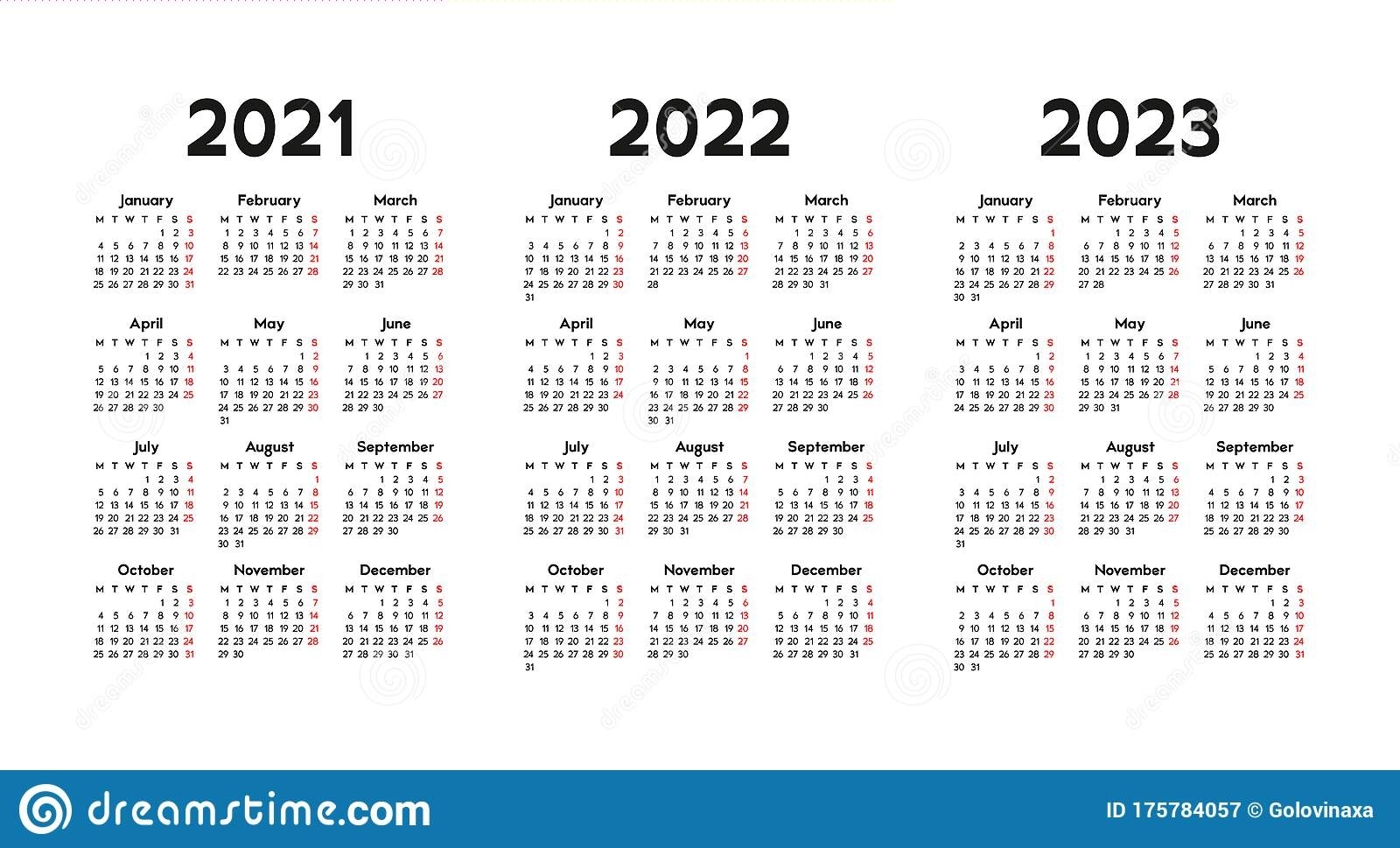 2021、2022和2023日历，星期一开始，基本业务模板 向量例证 - 插画 包括有 矿穴, 季节: 175784057