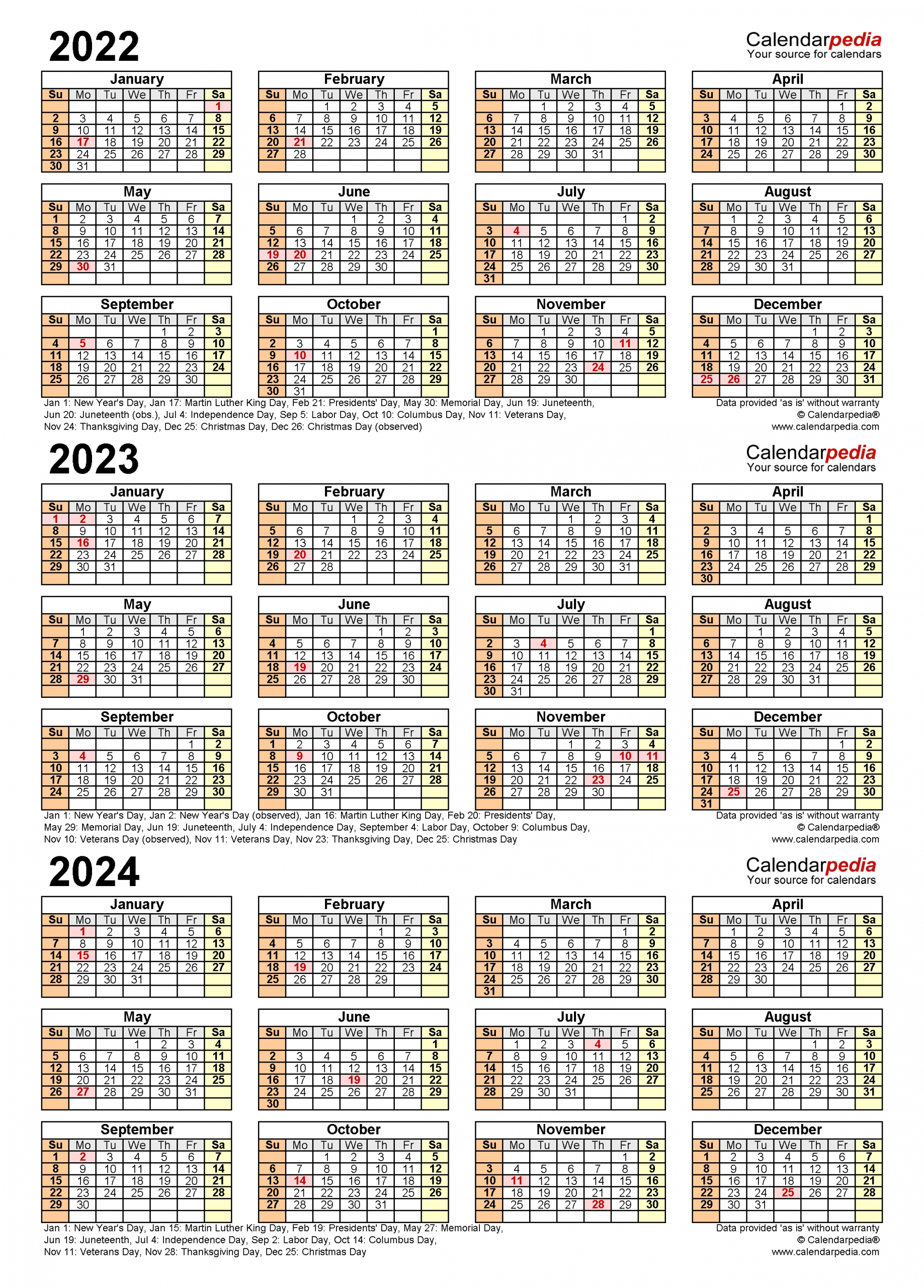 2022-2024 Three Year Calendar - Free Printable Excel Templates