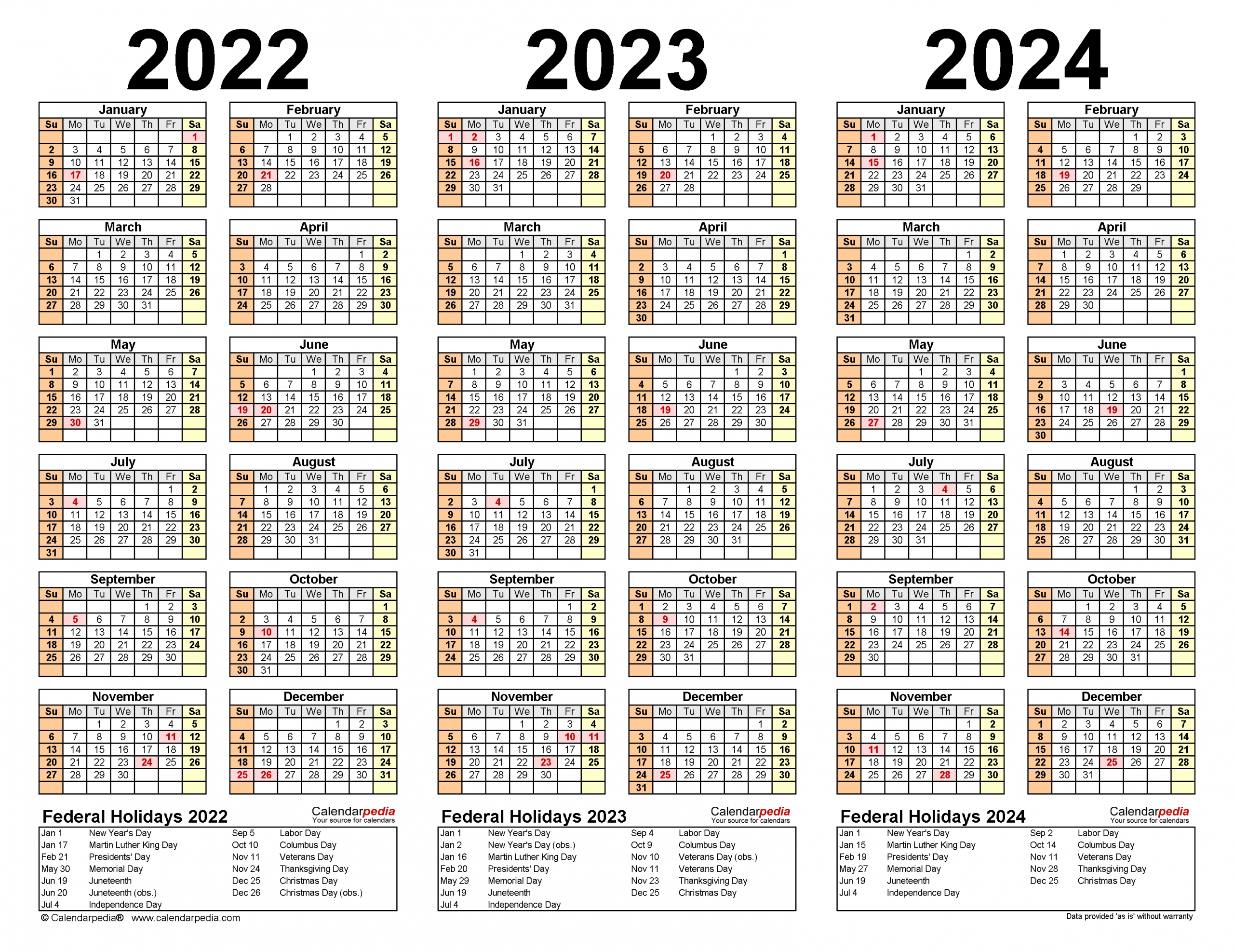 2022-2024 Three Year Calendar - Free Printable Pdf Templates