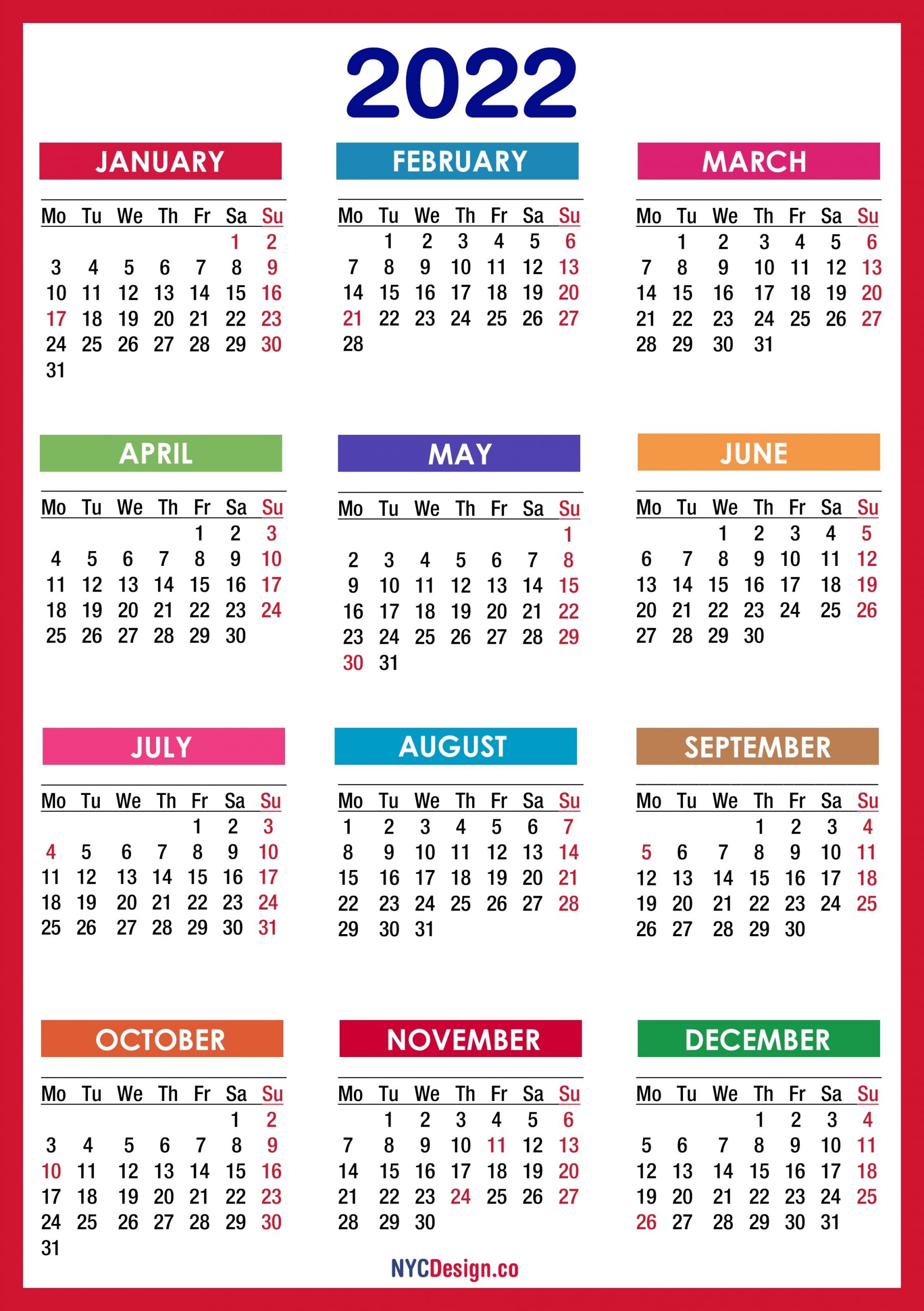 2022 Calendar With Holidays, Printable Free, Pdf, Colorful