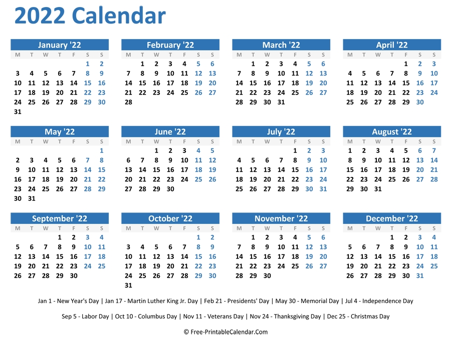 2022 Yearly Calendar