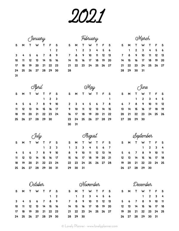 24 Pretty (&amp; Free) Printable One Page Calendars For 2021