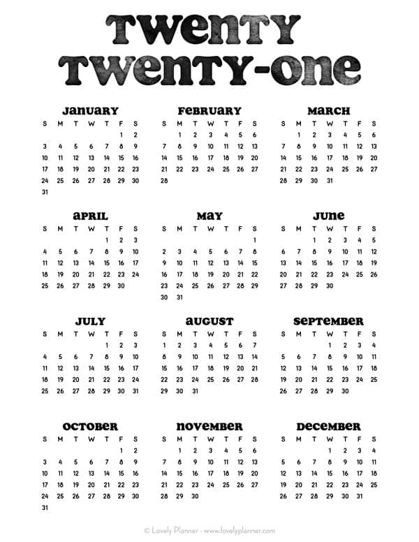 24 Pretty (&amp; Free) Printable One Page Calendars For 2021