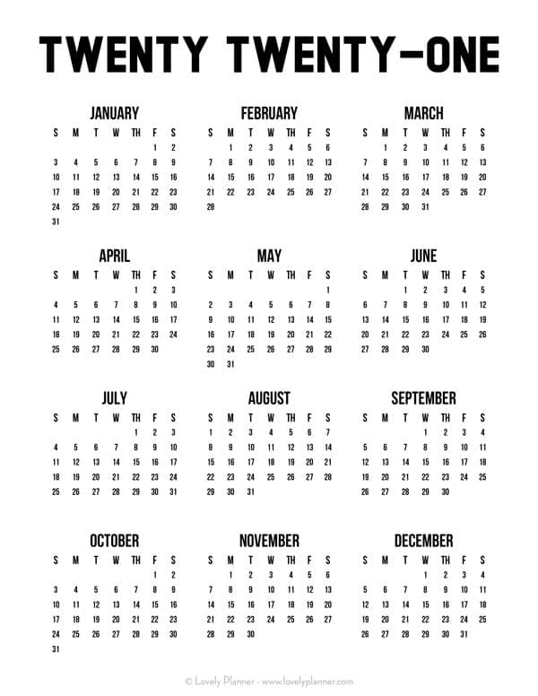 24 Pretty (&amp; Free) Printable One Page Calendars For 2021