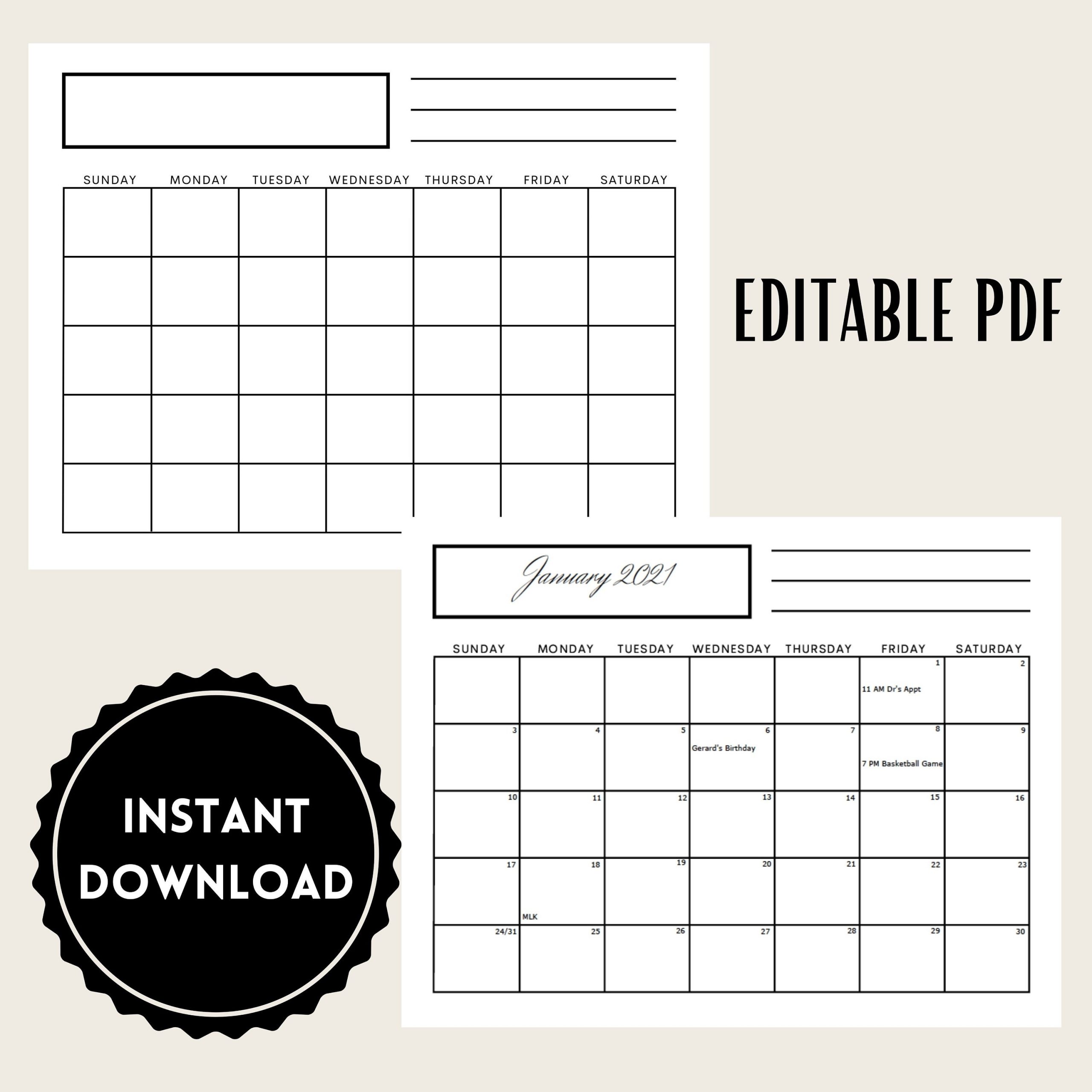 8.5 X 11 Inch Blank Calendar Editable Pdf Page Instant | Etsy