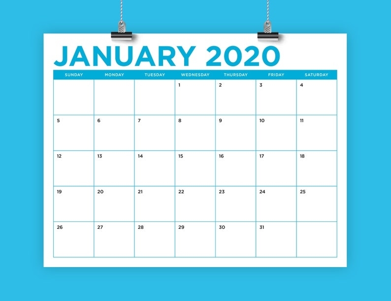 8.5 X 11 Inch Color 2020 Calendar Template Instant