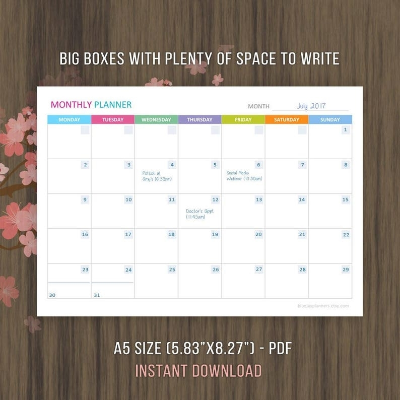 A5 Undated Monthly Planner Printable Monthly Calendar | Etsy
