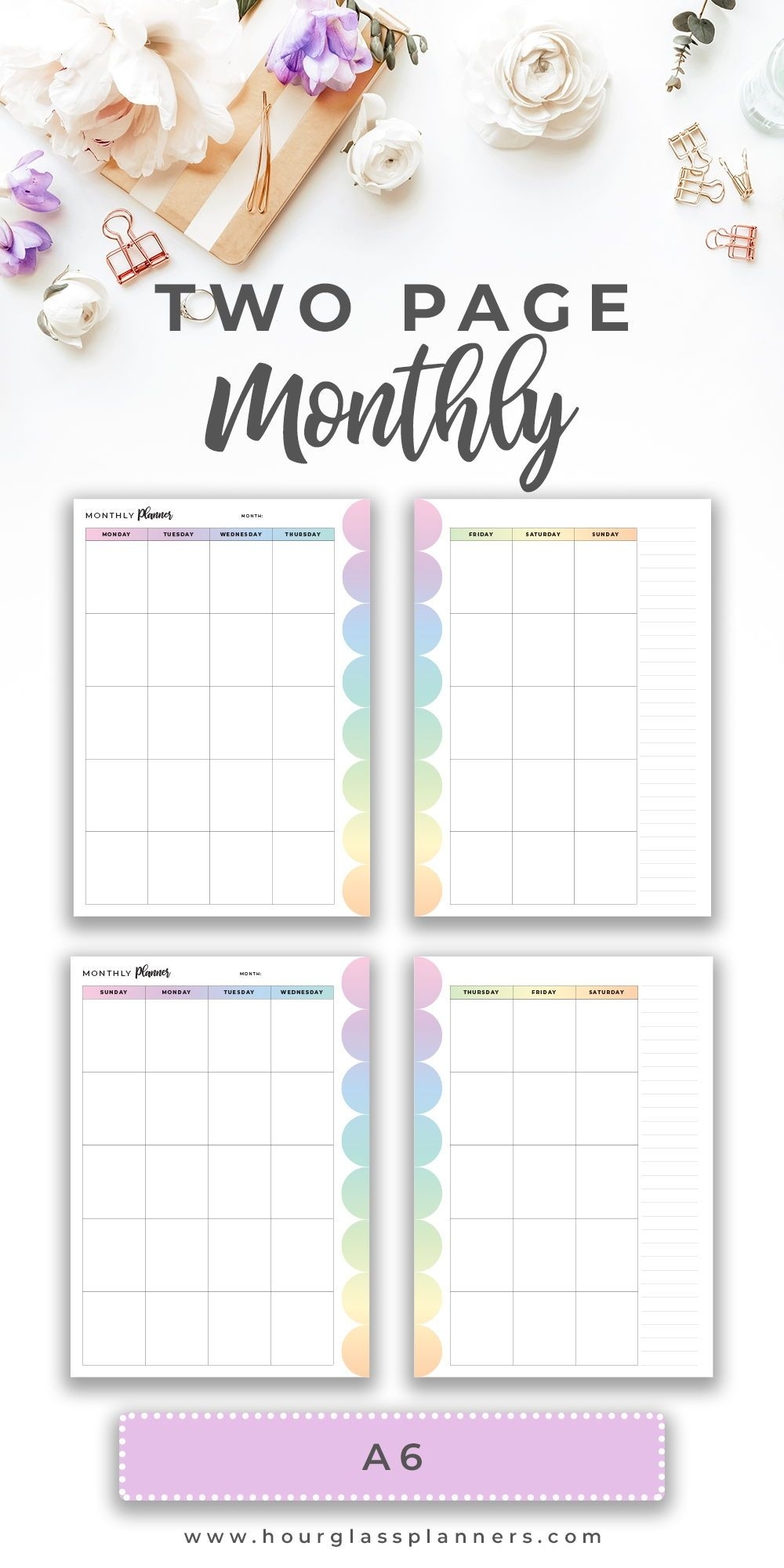 A6 Printable Undated Month On 2 Pages Calendar Insert In
