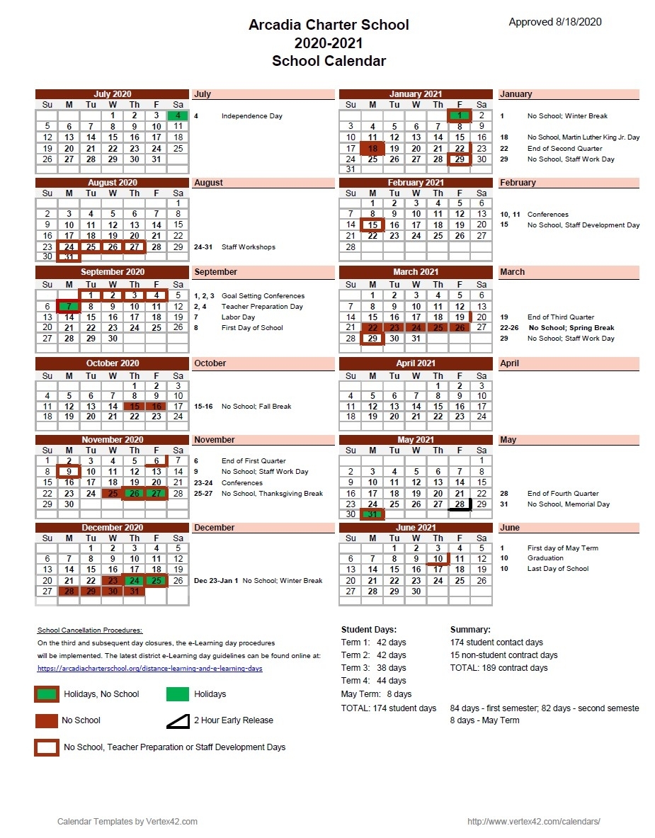 Academic Calendar 2020-2021 | Arcadia Charter School