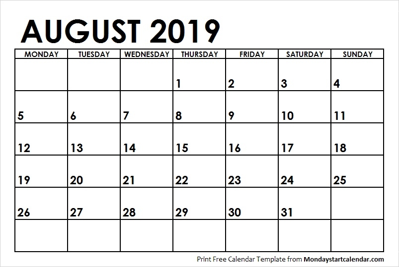 August 2019 Calendar Monday Start | August Month Template