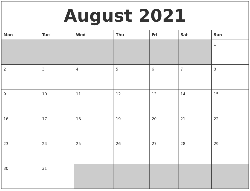 August 2021 Blank Printable Calendar