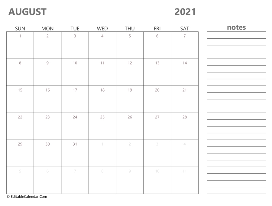 August 2021 Calendar Templates