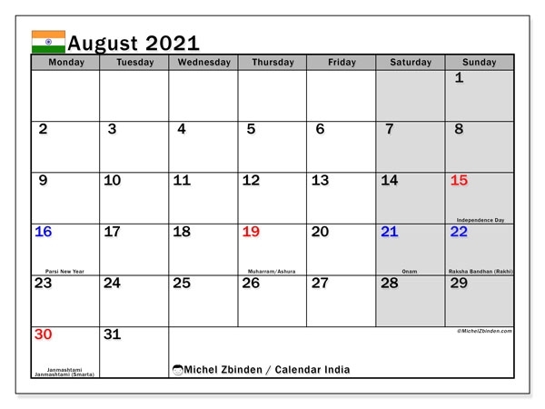 August 2021 Calendar With Holidays India | Lunar Calendar