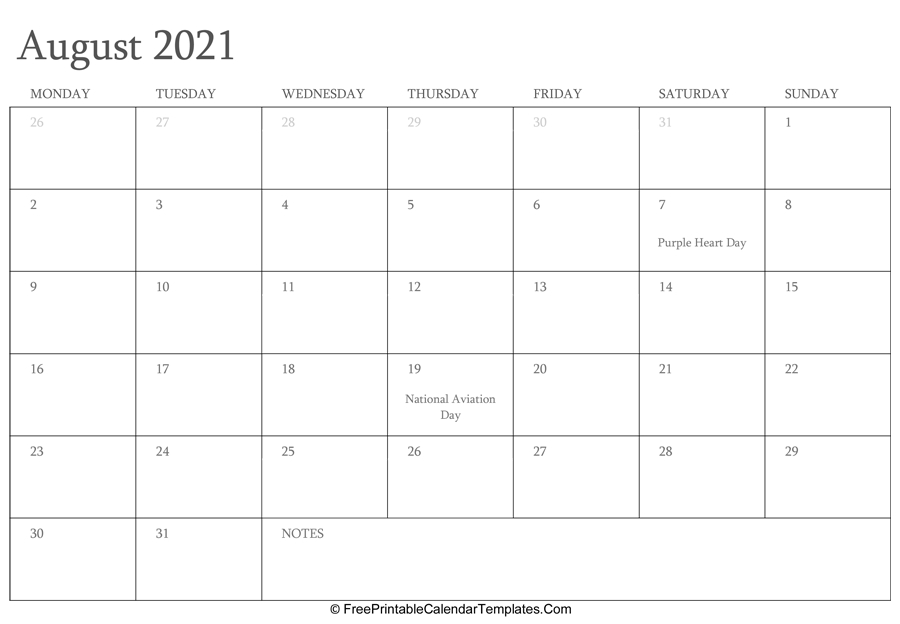 August 2021 Editable Calendar With Holidays And Notes