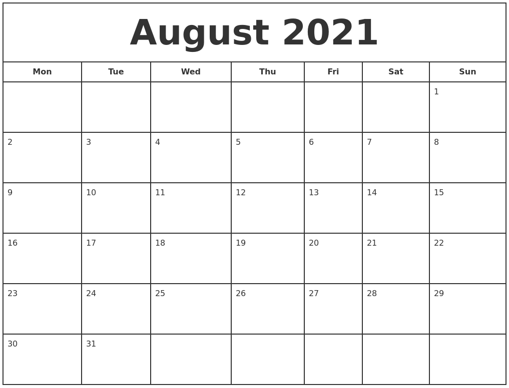 August 2021 Print Free Calendar