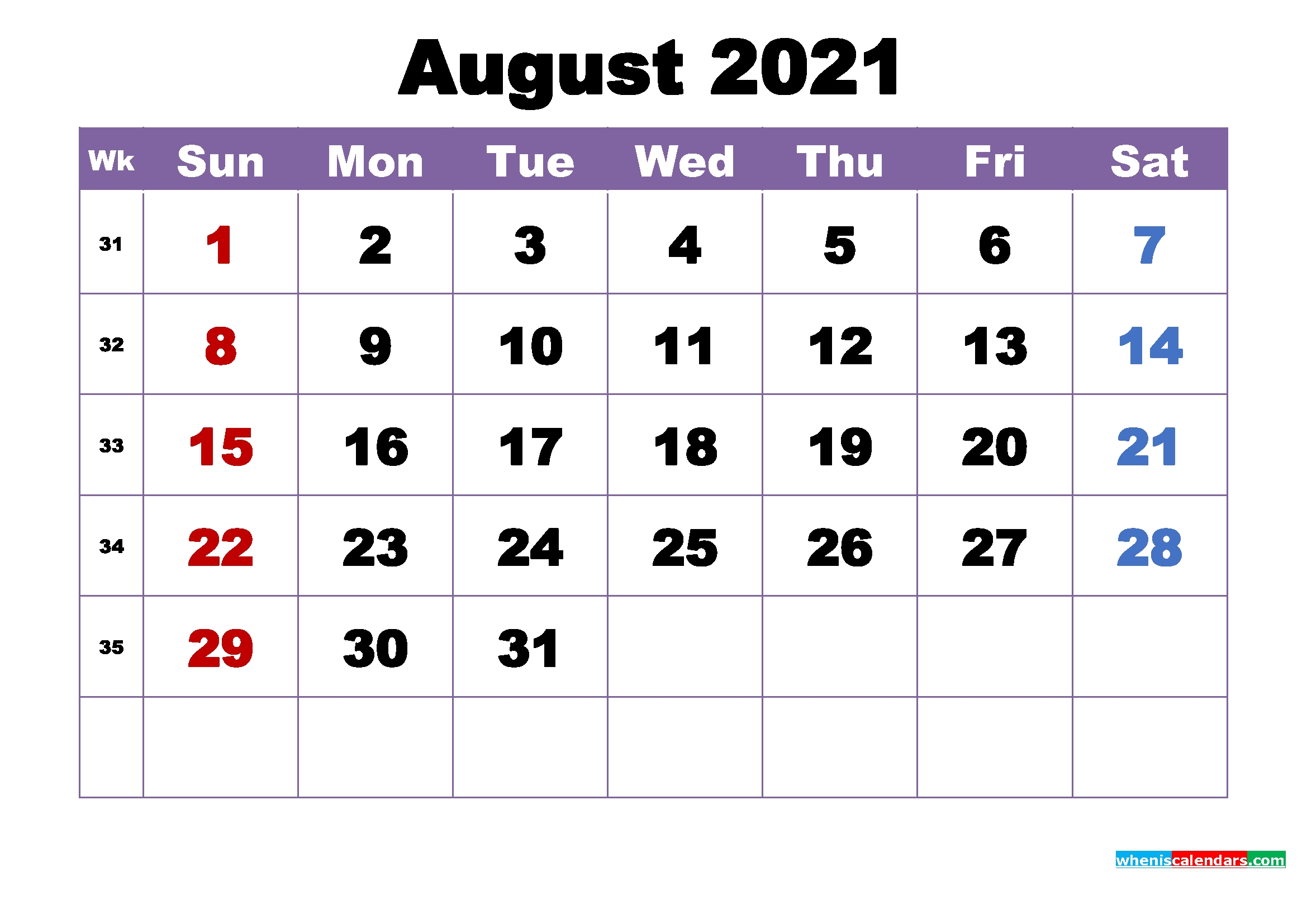 August 2021 Printable Calendar With Holidays Word, Pdf