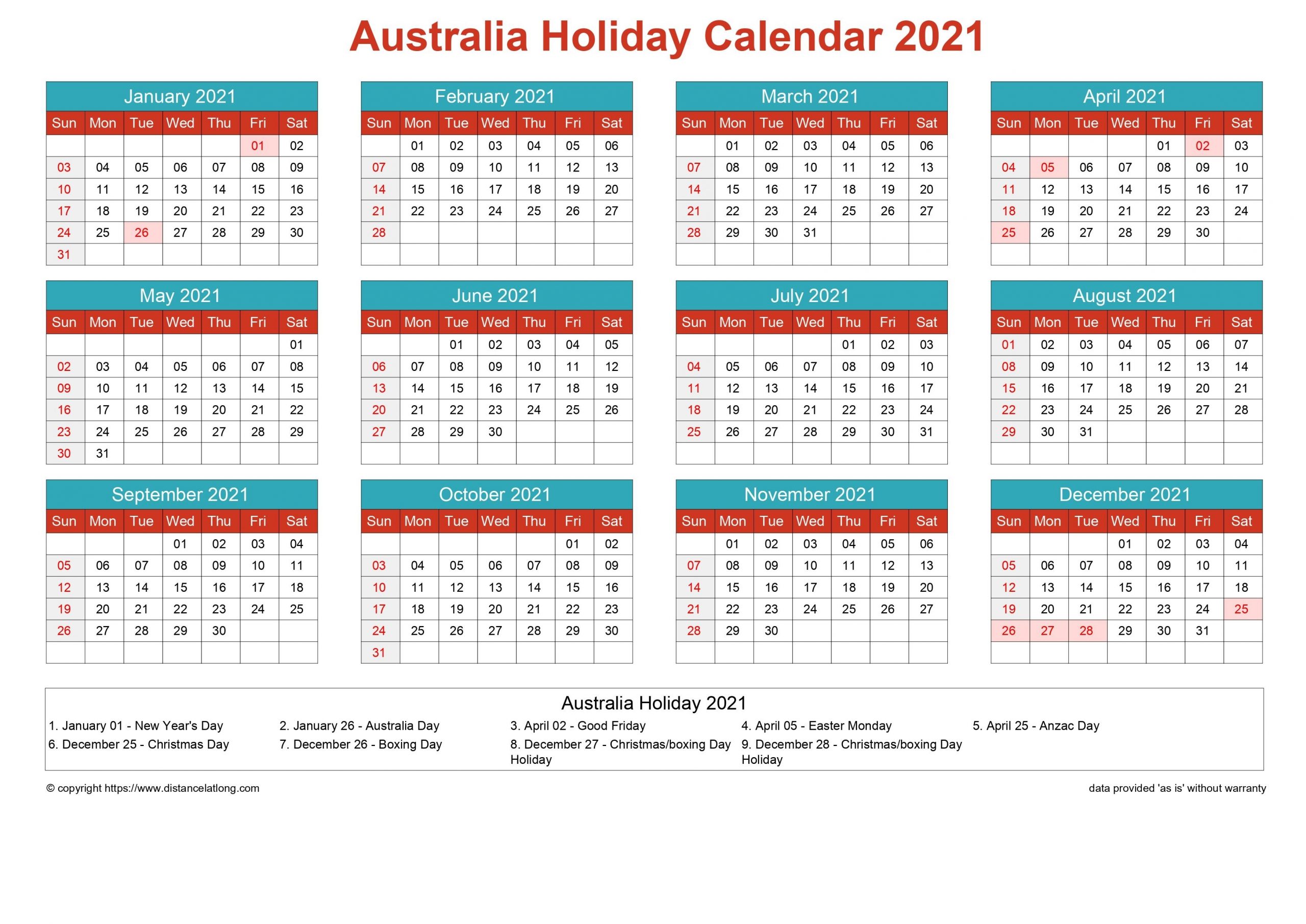 Australia Holiday Calendar Horizintal Grid Sunday To