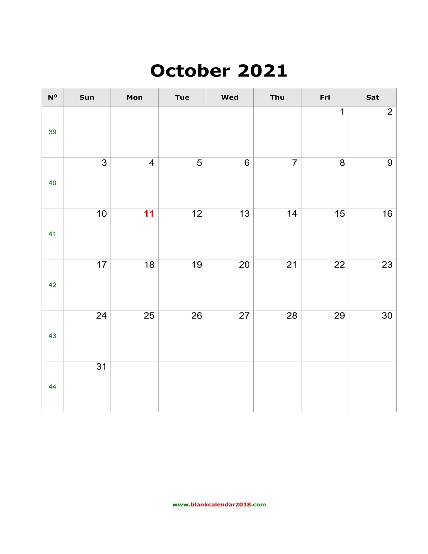 Blank Calendar For October 2021