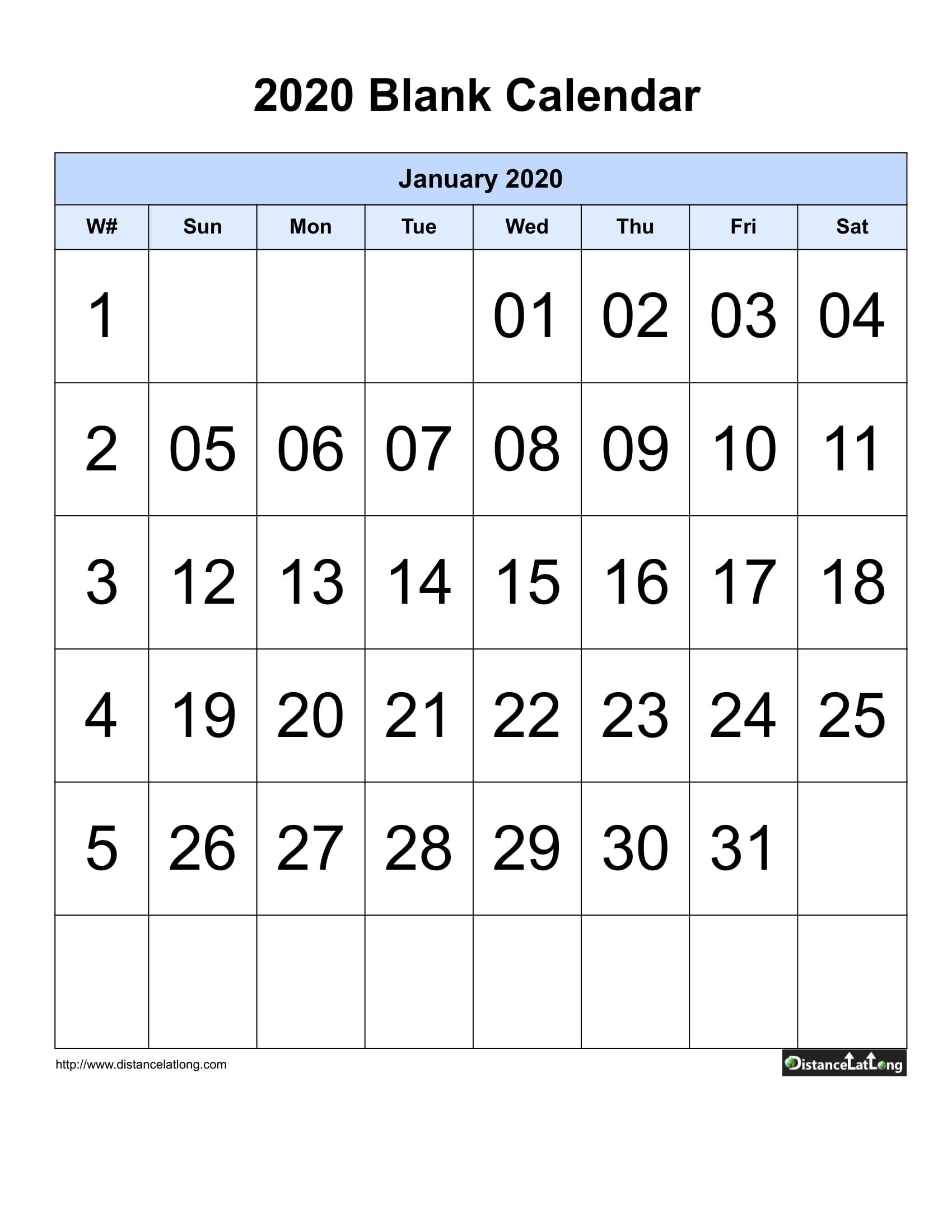 Blank Calendar With Large Font Center Align 2020 One Month