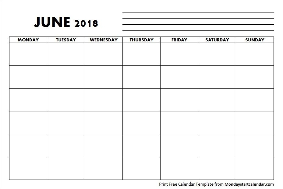 Blank June 2018 Calendar Monday Start | Free Calendars To
