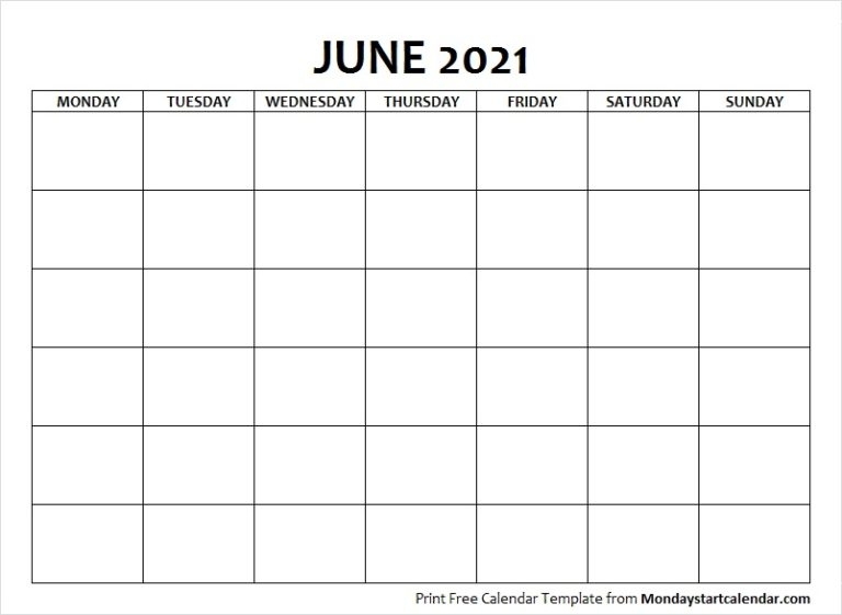 Blank June 2021 Calendar Monday Start Template | Starting