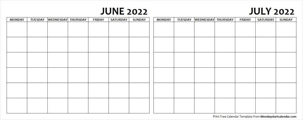 Blank June July 2022 Calendar Monday Start | Two Months