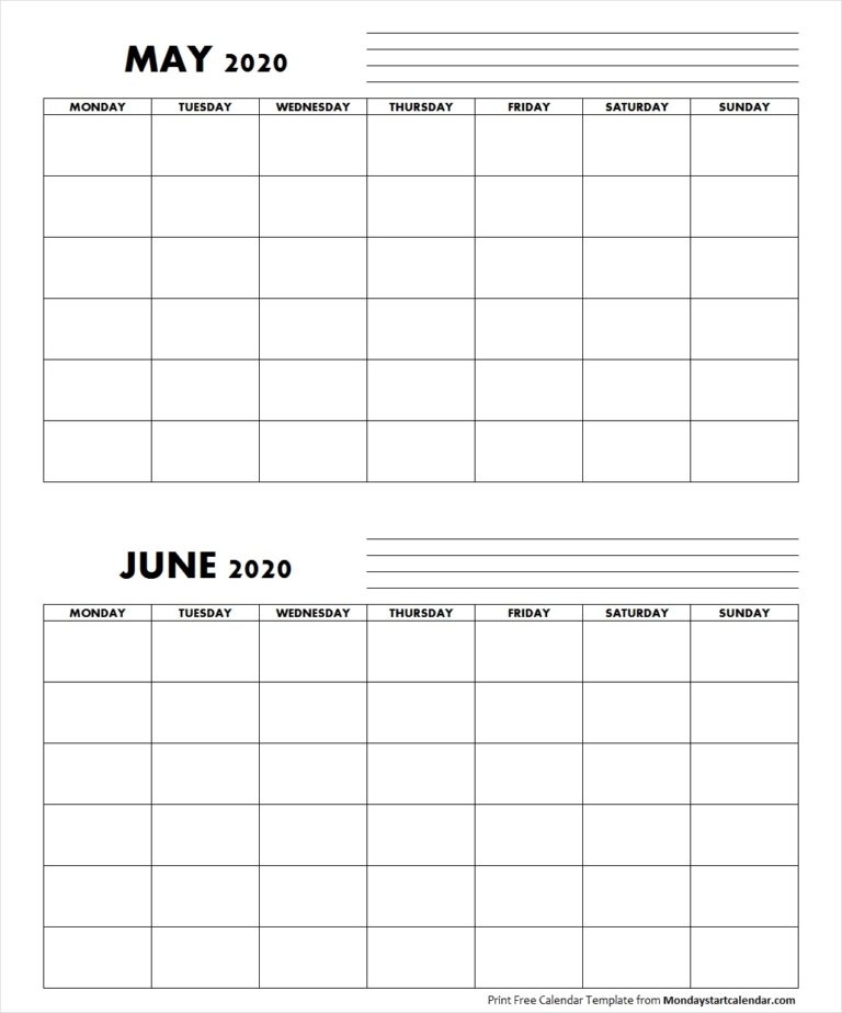 Blank May June 2020 Calendar Monday Start | Two Months