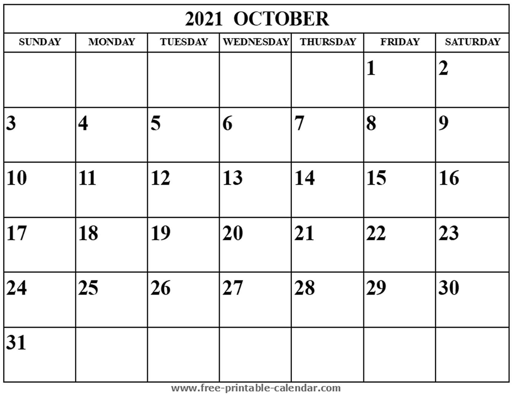 Blank October 2021 Calendar - Free-Printable-Calendar