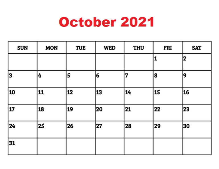 Blank October 2021 Calendar Printable Template In [Pdf]