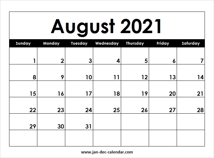 Blank Printable August Calendar 2021 Template Free
