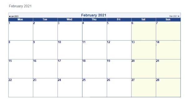 Blank Template February 2021 Calendar Word - 2021 Calendar