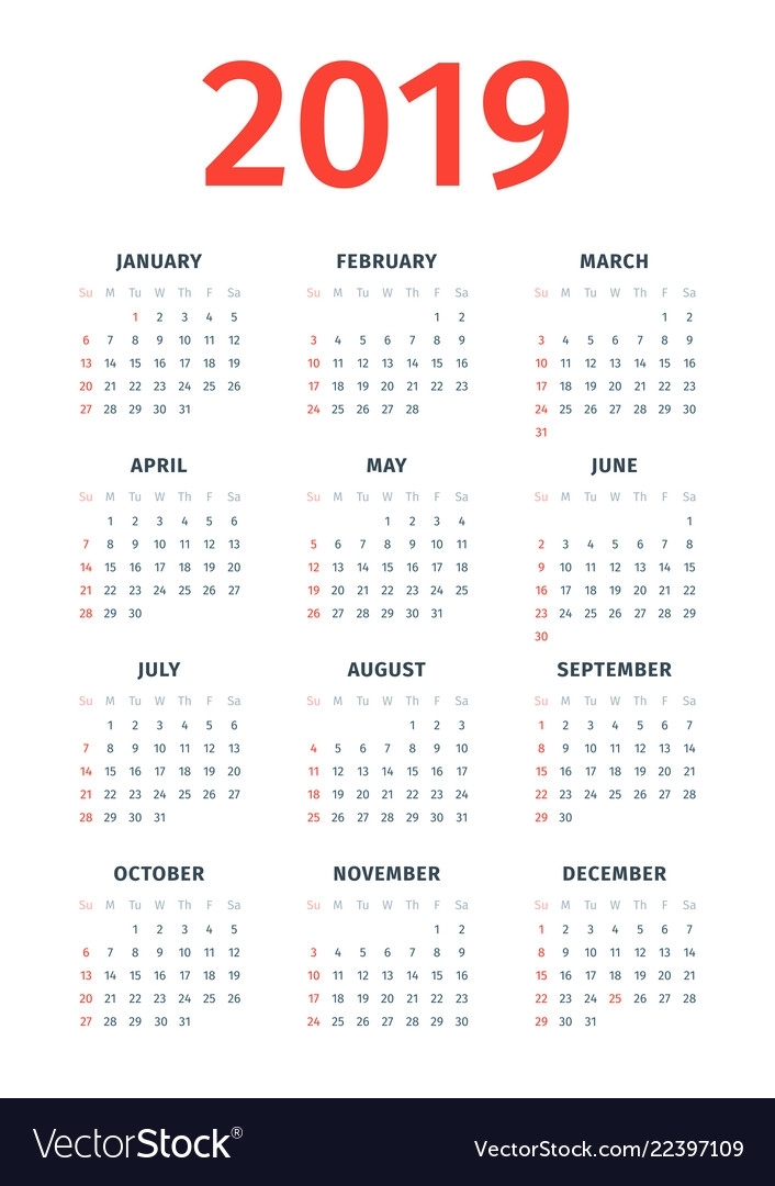 Calendar 2019 Week Starts On Sunday Royalty Free Vector