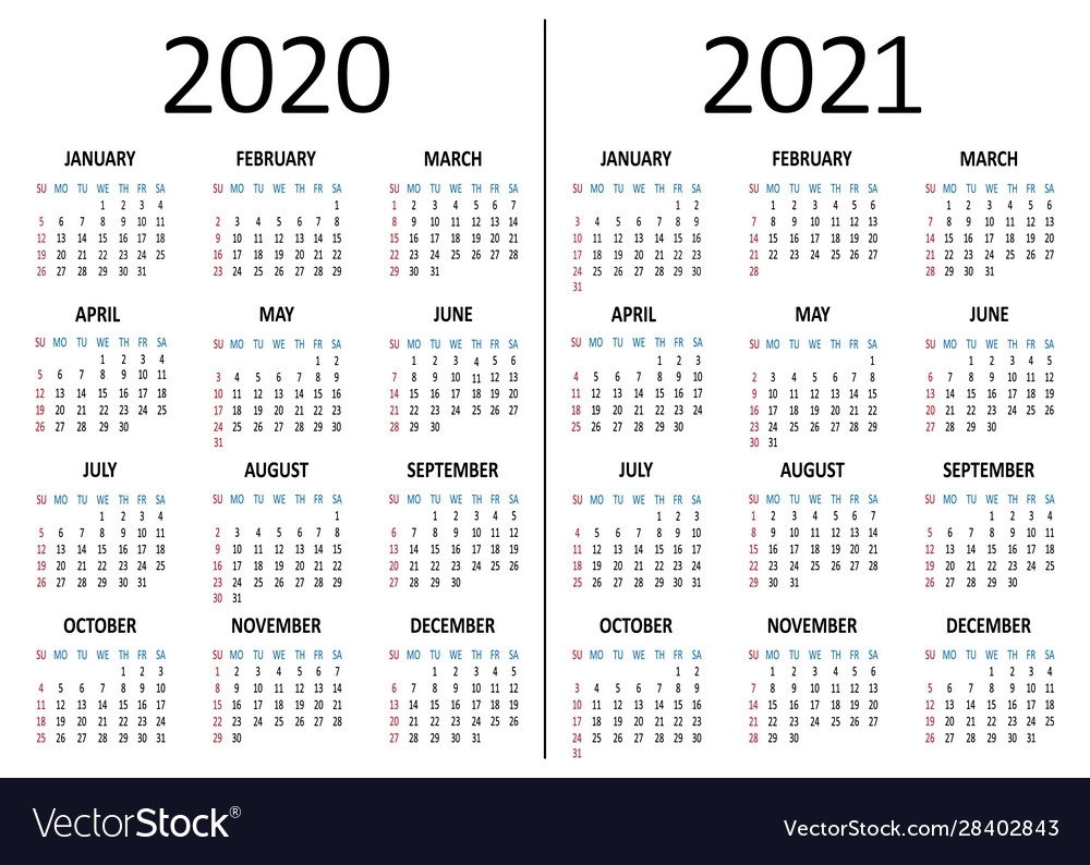 Calendar 2020 2021 Week Starts From Sunday Vector Image