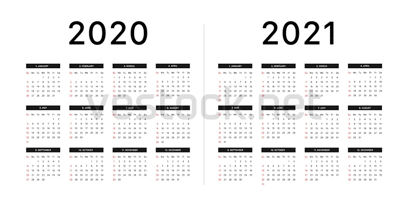 Calendar 2020, 2021, Week Starts On Sunday, Basic Grid